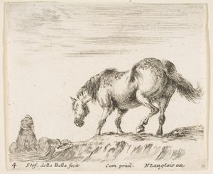 プレート4：左を向いた横顔の馬、塚から降りようとしている馬...、1644年から47年頃の作品。 作： Stefano della Bella