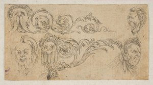 プレート 4: 「フリーズ、葉、グロテスク」からの 5 つのグロテスクな頭部 Frises, feu..., ca. 1642-43。 作： Stefano della Bella