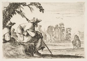 プレート5：後ろから見て左側に帽子をかぶった2人の巡礼者、騎士が戦う...、1642年。 作： Stefano della Bella
