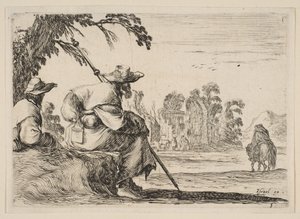 プレート5：後ろから見て左側に帽子をかぶった2人の巡礼者、騎士が戦う...、1642年。 作： Stefano della Bella