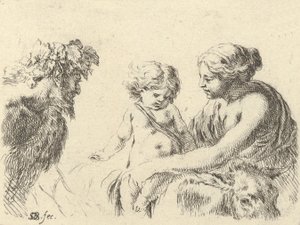 プレート 6: ロバの上に座っている子供を抱いている右側の女性、l... のサテュロス。 1646年。 作： Stefano della Bella