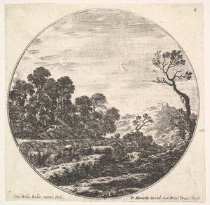 プレート6：左に谷を横切る牛、左に群れの木、騎士とo ...、ca。 1643-48。 作： Stefano della Bella
