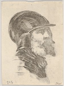 プレート6：右向きのヘルメットをかぶった古いひげを生やした兵士の頭、さまざまな頭...、1650年から。