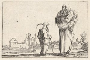 プレート 7: 農民の女性が子供を右に運び、立っている別の子供に話しかけている..., ca. 1642年。 作： Stefano della Bella