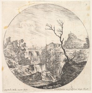 プレート7：三重の滝、右側に枯れ木、山と牛の群れ...、およそ1643-48。 作： Stefano della Bella