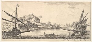 プレート8：後ろから見た左のギャレーと右のギャレーの弓... 1641年。 作： Stefano della Bella