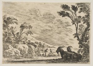 プレート9：2頭の山羊が右に休憩し、左を向いて、4頭の男と1頭の馬がri ...、1642年。 作： Stefano della Bella