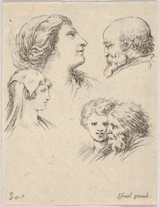 プレート9：5つの頭、左に2人の若い女性、右上にひげを生やした男性、若い女性...、ca。 1649 作： Stefano della Bella
