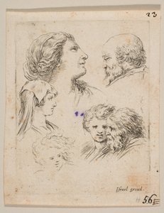 プレート9：5つの頭、左に2人の若い女性、右上にひげを生やした男性、若い女性...、ca。 1649 作： Stefano della Bella
