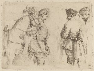 他の 2 人の男性と話している間、馬の手綱を保持しているポール。 作： Stefano della Bella