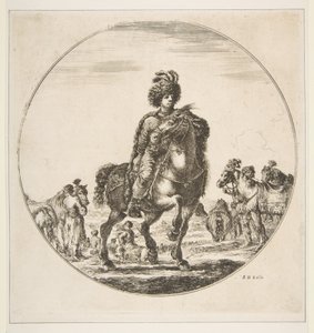 ポーランドの騎手、右向き、円形の構図、馬上の洞窟のフィギュア...、ca。 1651年。 作： Stefano della Bella