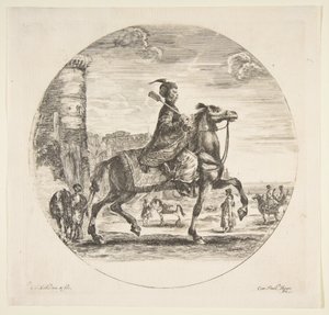 右側を向いた横顔のポーランド人騎手、塔などの背景の馬の人物...、ca。 1651年。 作： Stefano della Bella
