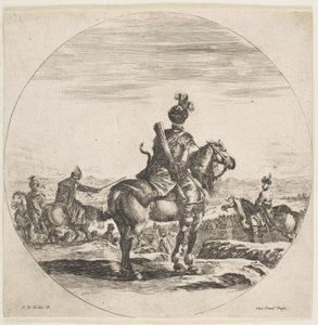 彼の馬を右に向けて後ろから見た弓矢を持つポーランドの騎士、...、ca。 1651年。