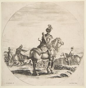彼の馬を右に向けて後ろから見た弓矢を持つポーランドの騎士、...、ca。 1651年。