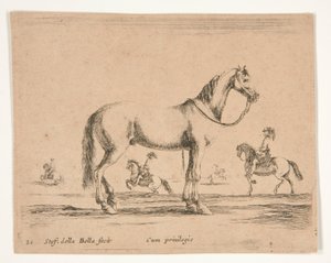 ライダーのいない馬、ライダーがバックグラウンドで馬場馬術をしている 作： Stefano della Bella