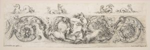 リンソーと犬に怯えた子供、プレート 8 から: 「装飾的なフリーズと葉」...、ca. 1648年。 作： Stefano della Bella