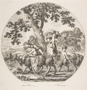 2つの山羊とブドウのバスケットを持って左に向かって歩くサテュロス一家。 1657 作： Stefano della Bella