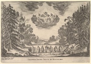 ディアナの森の2番目のシーン、神の結婚Le nozze degli Dei、1637年。 作： Stefano della Bella