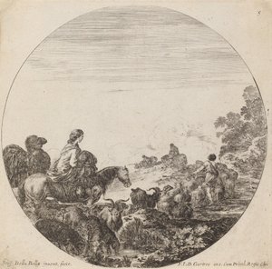 羊飼いと群れ、女性とラクダ、1646年。 作： Stefano della Bella