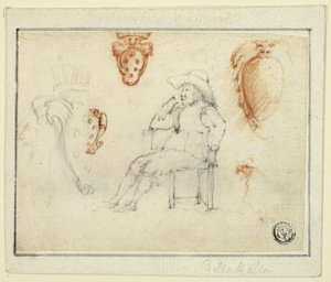 座った男のスケッチ、メディチ家の紋章 作： Stefano della Bella