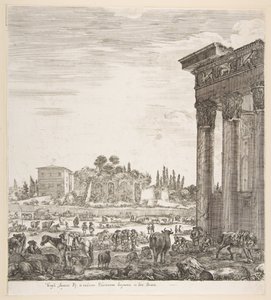 アントニヌス神殿の右側の柱、中央のカンポヴァッキノの一部、...、1656年。 作： Stefano della Bella
