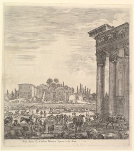 アントニヌス神殿の右側の柱、中央のカンポヴァッキノの一部、...、1656年。 作： Stefano della Bella