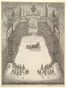 上から見た、観客で賑わうモデナの劇場。中心に勝利の車があり、1652年。 作： Stefano della Bella