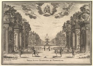 3 番目のシーン、ヴィーナスの庭、「神々の結婚」「Le nozze degli Dei」、1637 年。 作： Stefano della Bella