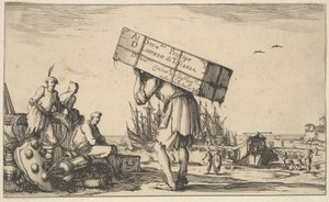 タイトルページ：中央の背中にケースを抱えている男性、3人の男性が彼の方を向いている...、1639年。 作： Stefano della Bella