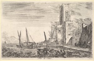 カレーの塔トゥールドカレー、右にタワー、左に海に2隻の船...、1647年。 作： Stefano della Bella