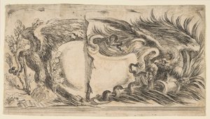 カルトゥーシュの2つの異なる半分、それぞれが蛇と戦うワシを示す、1646年。 作： Stefano della Bella