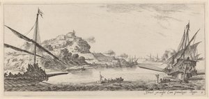 1647 年またはそれ以前の 2 つのガレー船とその打ち上げ。 作： Stefano della Bella