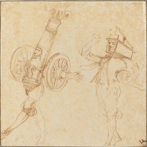 仮面舞踏会の衣装を着た 2 人の男性: 大砲の発射とネズミ捕りの中の猫, c. 1645年。 作： Stefano della Bella