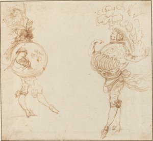 仮面舞踏会の衣装を着た 2 人の男性: 地球とパレード ヘルメット、c. 1645年。