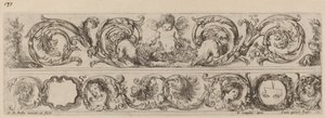 キューピッドと四季の頭を持つ 2 つの装飾用バンド、おそらく 1648 年。 作： Stefano della Bella
