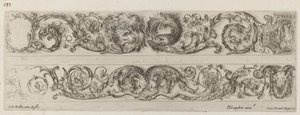 ライオンとワシの頭が向かい合った 2 つの装飾用バンドと 2 つの雄羊、おそらく 1648 年。 作： Stefano della Bella