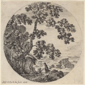 古い樫の木のそばを通り過ぎる二人の旅人 作： Stefano della Bella