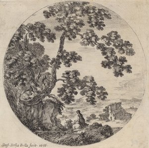 古い樫の木のそばを通り過ぎる 2 人の旅行者、1656 年。 作： Stefano della Bella