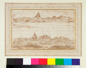 バチカンのあるローマの2つの風景（ペンと茶色のインクと茶色のウォッシュ 作： Stefano della Bella