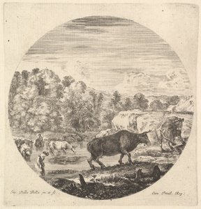 中央に 2 頭の牛、続いて 2 頭の農民の女性と川にいる他の牛が le..., ca. 1643-48。 作： Stefano della Bella