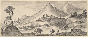 2人の騎士が中央の丘を下って、徒歩で別の男、...の城に続きます。 1641年。 作： Stefano della Bella