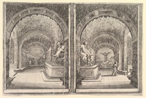 洞窟の2つのビュー。両方とも、座った像のある噴水のある景色を...から見た。 1653年。 作： Stefano della Bella
