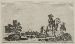 さまざまな人物と風景：道を尋ねる失われた騎手、1649年。 作： Stefano della Bella