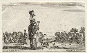 さまざまな人物と風景：川沿いの水浴を見ている女性、1649年。 作： Stefano della Bella
