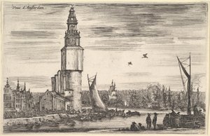 アムステルダムビューアムステルダム、タワーと左に家、桟橋に立っている男性のビュー、...、1647年。 作： Stefano della Bella