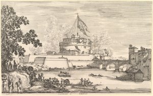 テヴェレ川の景色、左に大きな木、2つのグループの女性が左に...、ca。 1656年。 作： Stefano della Bella