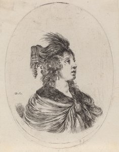 羽毛ターバンを巻いた女性、右向き、16491650。 作： Stefano della Bella