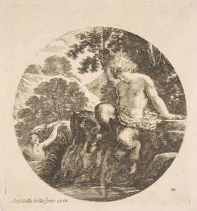 川で水浴びをしようとする若いサテュロス（「風景と港」より Paysages et ports d..., 1656年 作： Stefano della Bella