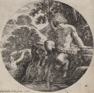 小川のほとりにいる若きサテュロス、1656 年。 作： Stefano della Bella