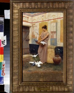 Femme et colombes (鳩を抱く女)。 Stepan (Stefan) Vladislavovich Bakalovich (1857-1947) による絵画。 ユイル・シュル・ボワ。 リージョナル M. ヴルベル美術館、オムスク 作： Stepan Vladislavovich Bakalovich